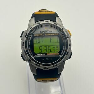 Vintage Timex Expedition Indiglo Digital Compass Watch Black & Yellow Band